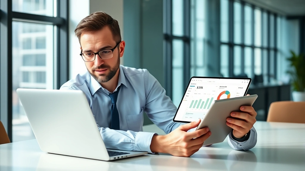 Professional businessman working at modern desk with laptop and tablet displaying utility account dashboard and payment interface, natural office lighting, focused expression