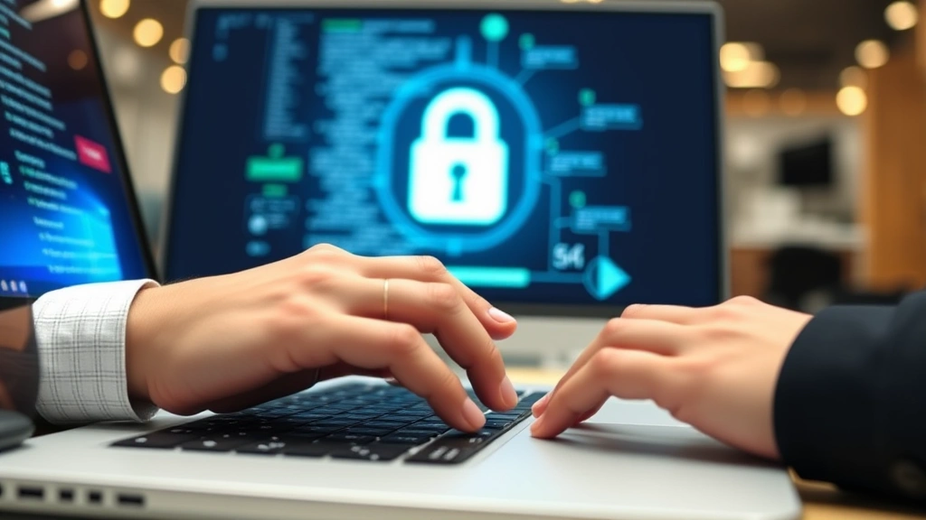 Close-up of hands typing password on keyboard with security lock icon glowing on computer screen, cybersecurity concept, modern office environment