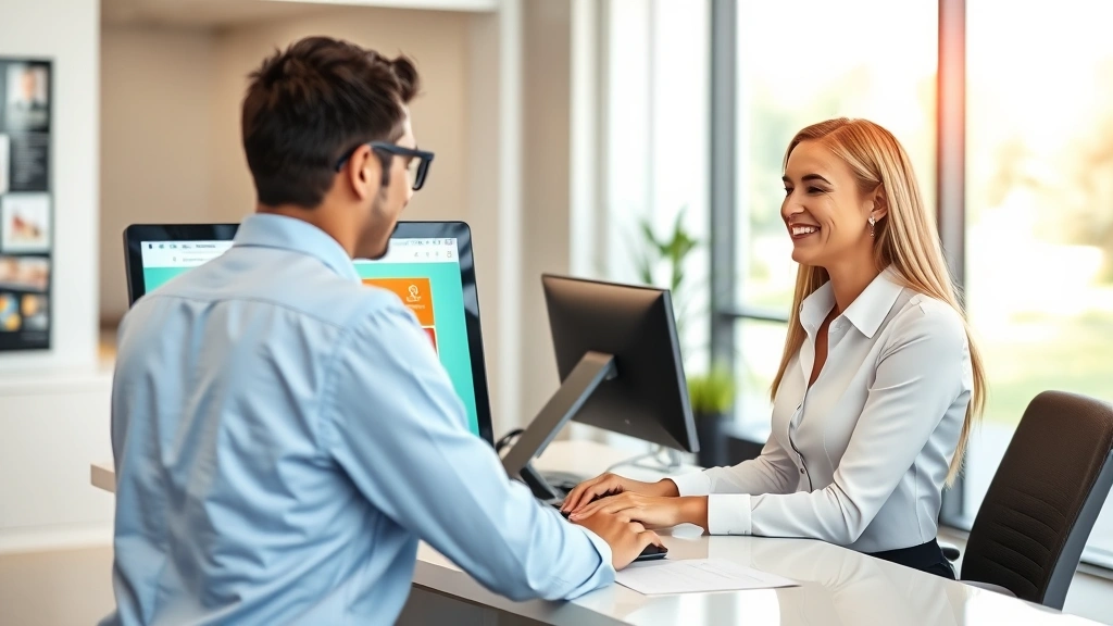 Customer service representative assisting client at desk with computer showing gas company portal, friendly interaction, professional business attire, bright modern office
