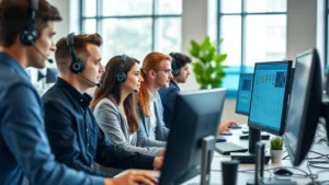 Professional team of IT support specialists in a modern office environment working collaboratively at workstations, wearing business casual attire, focused on computer screens with multiple monitors displaying network dashboards and technical information, natural daylight from windows, modern office furniture and professional atmosphere