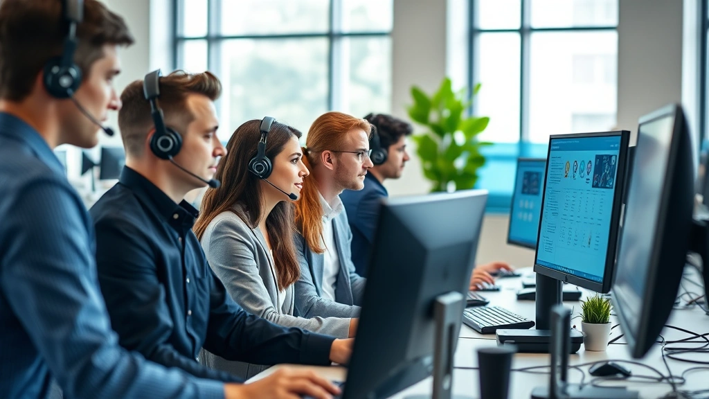 Professional team of IT support specialists in a modern office environment working collaboratively at workstations, wearing business casual attire, focused on computer screens with multiple monitors displaying network dashboards and technical information, natural daylight from windows, modern office furniture and professional atmosphere