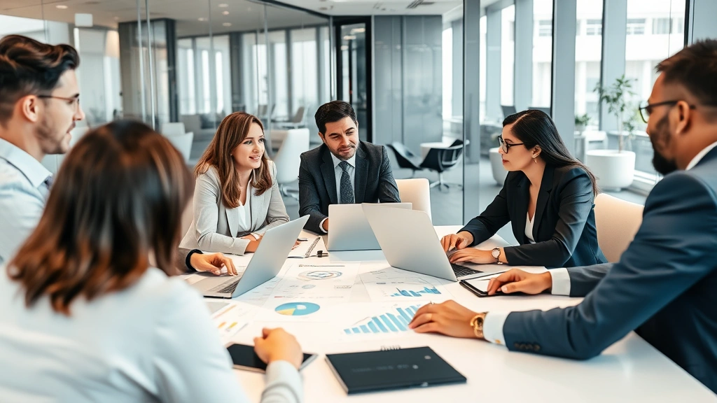 Business professionals in a conference room conducting a strategy meeting, discussing marketing and growth plans with charts, laptops, and notepads visible, collaborative and engaged body language, modern corporate setting with glass walls, natural lighting, diverse team composition