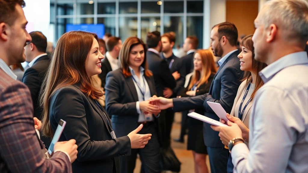 Close-up of professionals networking at a business event or conference, shaking hands and exchanging business cards, professional business attire, diverse group of technology industry professionals, modern venue setting, warm and professional atmosphere