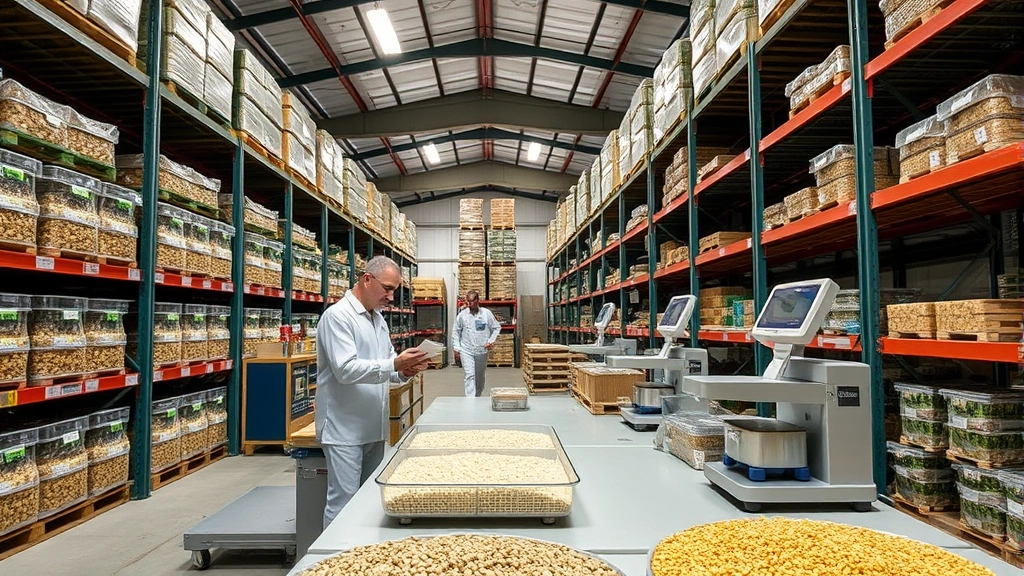 Professional agricultural facility with organized seed storage systems, climate-controlled warehouse environment, staff conducting quality testing on seed samples, modern equipment and precision scales visible, clean organized workspace