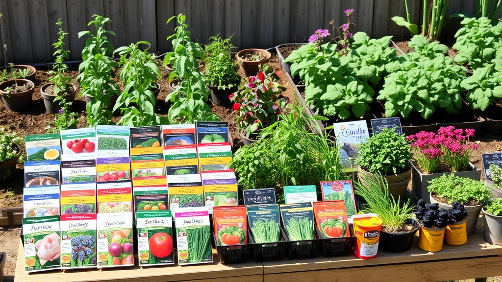 Diverse collection of seed packets and containers displayed on wooden tables, multiple crop varieties showcasing different colors and sizes, outdoor garden setting with healthy growing plants in background, natural daylight illuminating products