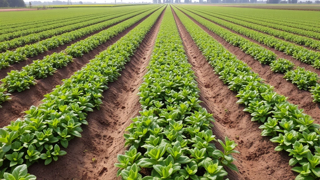 Commercial farming field with thriving crop rows demonstrating successful growth, green healthy plants at various growth stages, harvesting or monitoring activities, expansive agricultural landscape showing productive results