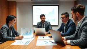 Professional business executives in conference room reviewing market growth charts and strategic planning documents with laptops and analytical reports
