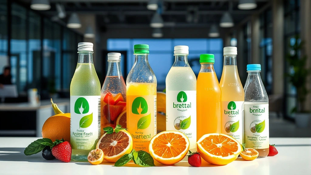 Sustainable beverage packaging display showing recyclable bottles and eco-friendly materials alongside fresh fruit ingredients in bright corporate setting