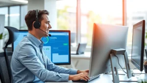 Professional utility company customer service representative wearing headset at desk with computer monitor displaying customer account information and billing dashboard in modern office environment