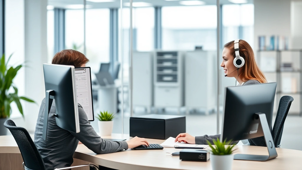 Professional business customer service representative assisting client with utility account management at modern office desk with computer and headset in corporate setting