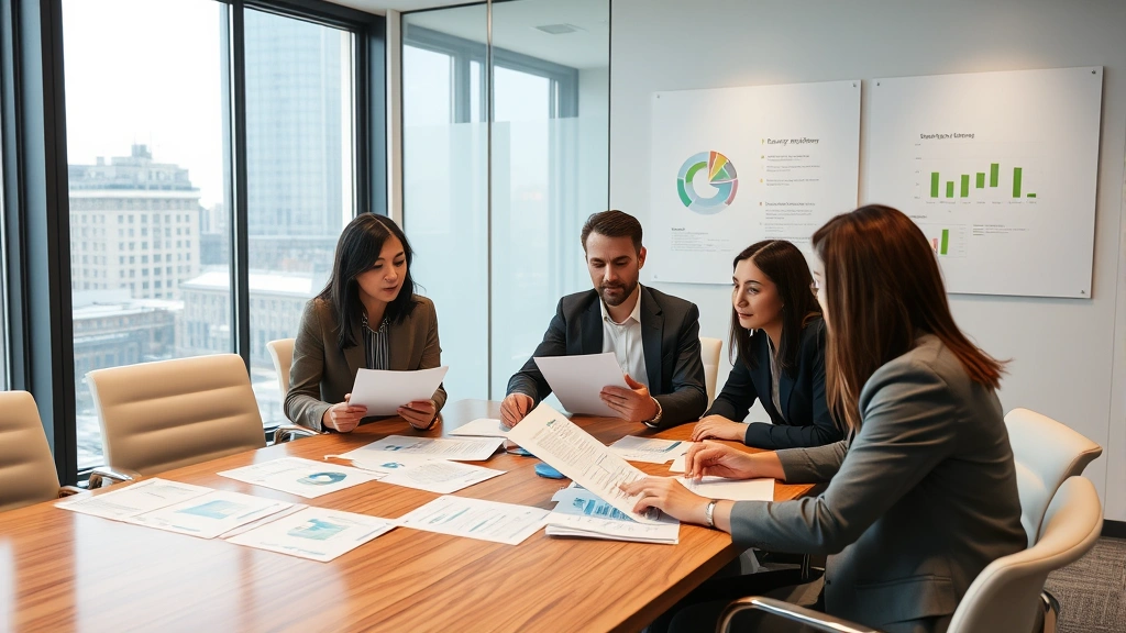 Corporate business team reviewing energy efficiency metrics and utility management strategy documents in modern conference room with charts and sustainability reports