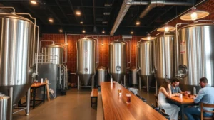 Modern craft brewery interior with stainless steel fermentation tanks, wooden bar counter, and warm ambient lighting, professional brewery equipment visible, customers enjoying beverages at tables