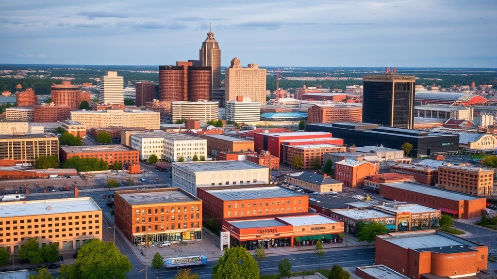 Aerial view of Columbus skyline with brewery district highlighted, multiple brewery buildings and taproom exteriors, urban landscape showing craft beer hub development