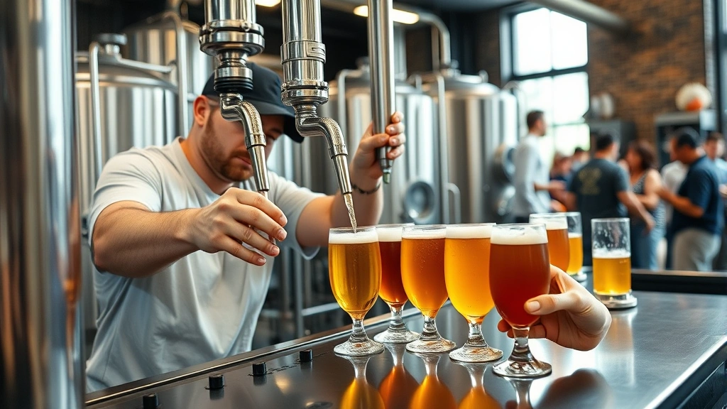 Brewery production team in action pouring craft beer into glasses for quality testing, professional taproom setting with customers in background, authentic brewery operations and customer engagement scene