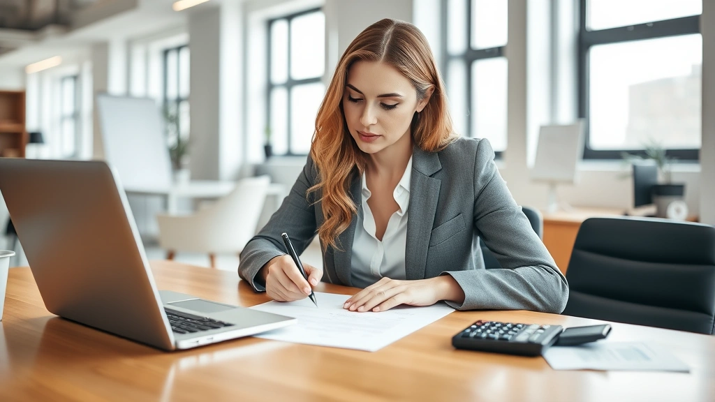 Professional businesswoman signing legal documents at desk in modern office with laptop and calculator visible, natural lighting from windows, focused expression