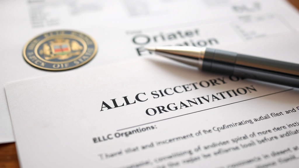 Closeup of official LLC formation paperwork and Articles of Organization with pen, Ohio Secretary of State seal visible, organized filing system in background