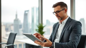 Professional business executive analyzing market data on tablet in modern corporate office, confident expression, contemporary workspace with glass windows and city skyline background