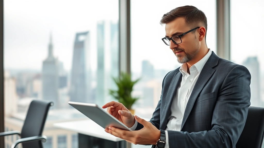 Professional business executive analyzing market data on tablet in modern corporate office, confident expression, contemporary workspace with glass windows and city skyline background