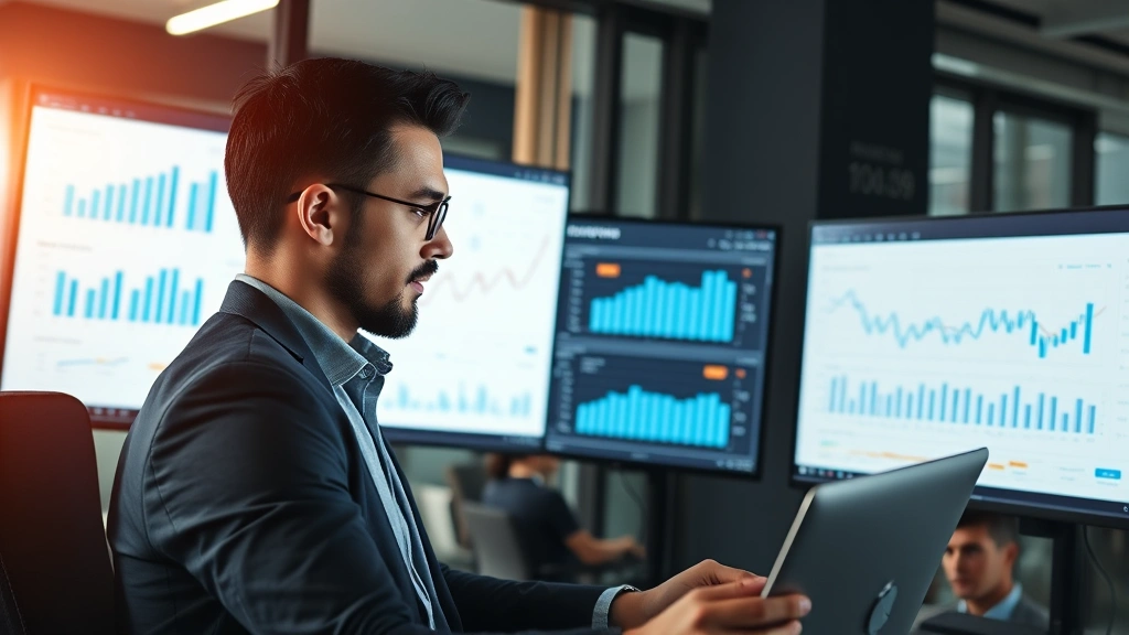Business analyst examining competitive market positioning with digital analytics dashboard displayed on multiple screens, focused professional environment, financial data visualization
