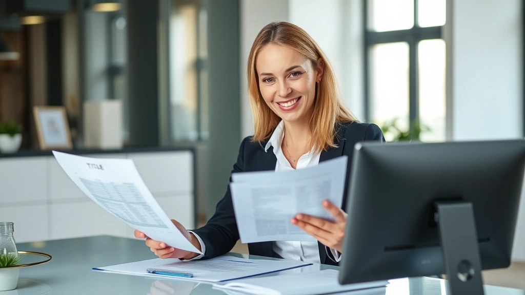 Professional female real estate agent reviewing property documents and title paperwork at modern office desk with computer, confident expression, natural lighting, contemporary workplace setting