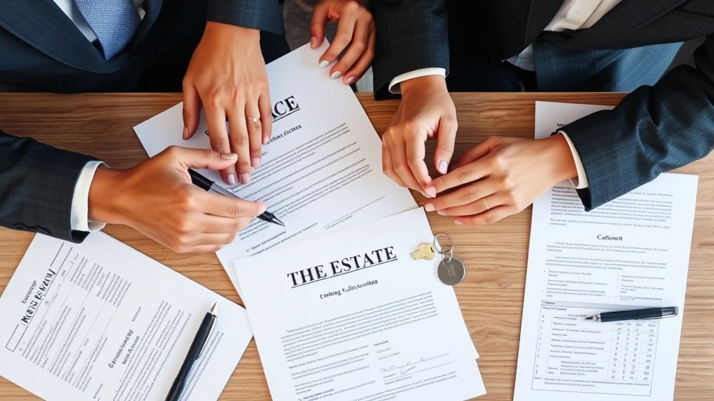 Overhead view of real estate closing table with title insurance documents, pen, and property keys, diverse hands reviewing paperwork together, professional but welcoming atmosphere