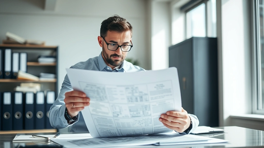 Businessman reviewing property survey and title deed documents in bright office environment, examining details with magnifying glass, focused expression, organized workspace with filing systems