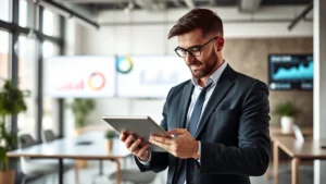 Professional insurance agent in modern office reviewing digital tablet with customer satisfaction metrics displayed, natural lighting, contemporary workspace with charts and data visible on screens in background
