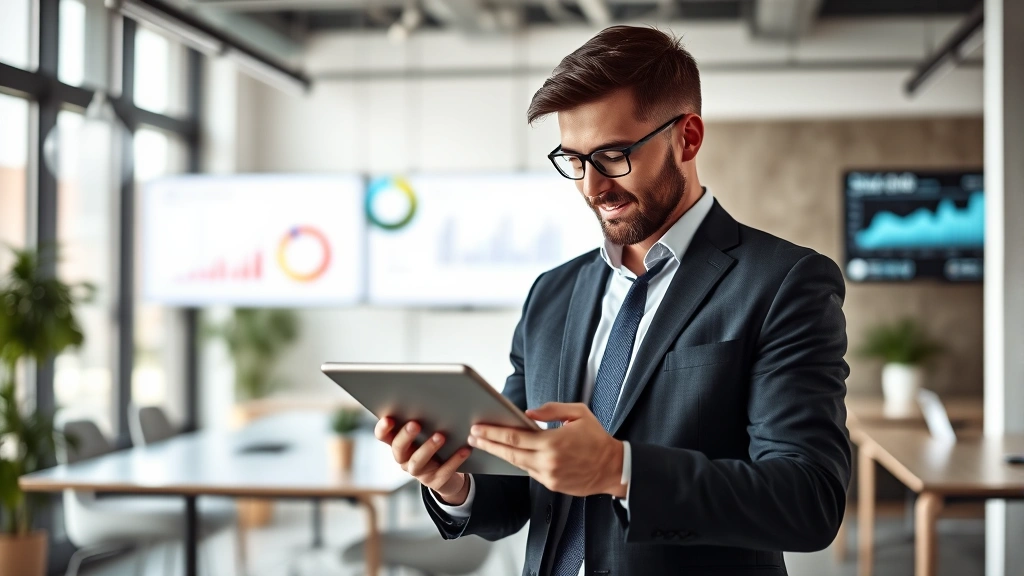 Professional insurance agent in modern office reviewing digital tablet with customer satisfaction metrics displayed, natural lighting, contemporary workspace with charts and data visible on screens in background