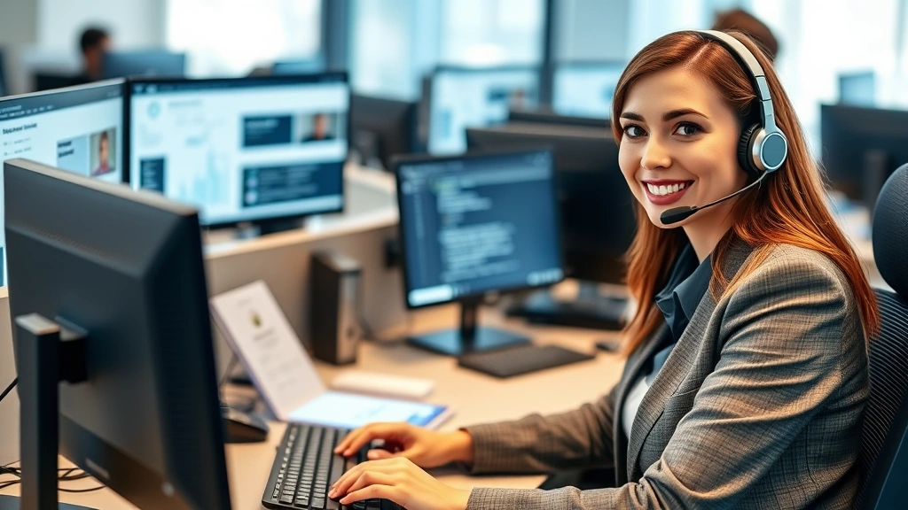 Customer service representative at desk with headset providing support, modern call center environment with multiple monitors showing policy information, professional business attire, genuine engagement expression