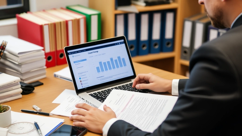 Claims adjuster reviewing documents at desk with laptop open showing claims management system, organized workspace with file folders, professional business setting emphasizing organization and attention to detail