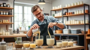 Professional candle maker carefully pouring melted wax into elegant glass containers in a bright, organized studio workspace with wooden shelving displaying finished candles in various sizes and colors