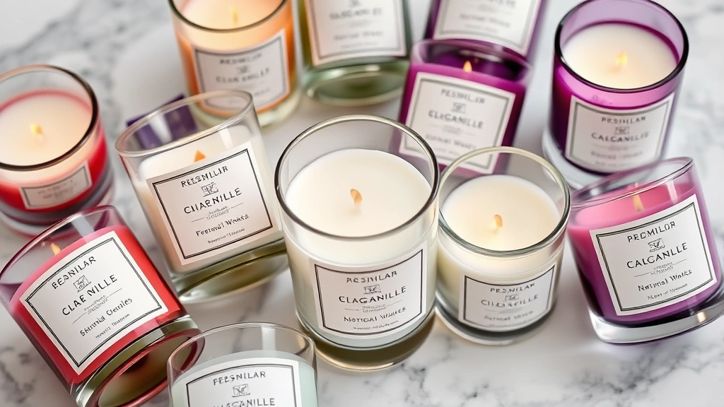 Close-up of luxury scented candles with artisanal labels arranged on white marble surface, showing premium glass vessels, natural wicks, and sophisticated fragrance branding photography
