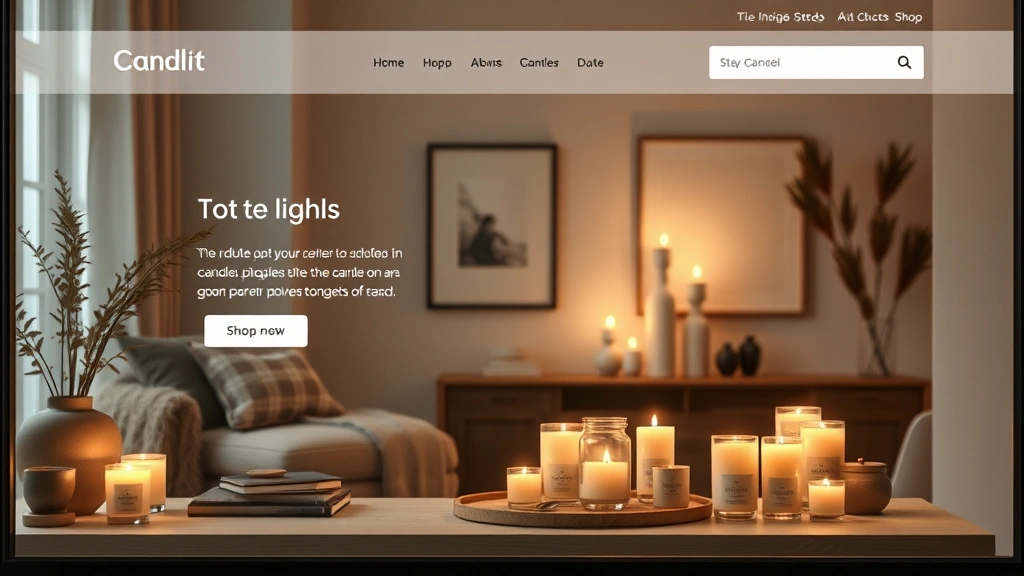 E-commerce storefront display showing candle product photography with lifestyle imagery, featuring lit candles creating ambient lighting in modern home interior settings with neutral tones and minimalist decor