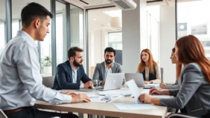 Professional business executives in modern conference room conducting strategic planning session with laptops and documents, natural lighting from floor-to-ceiling windows, contemporary corporate office setting, diverse team collaborating