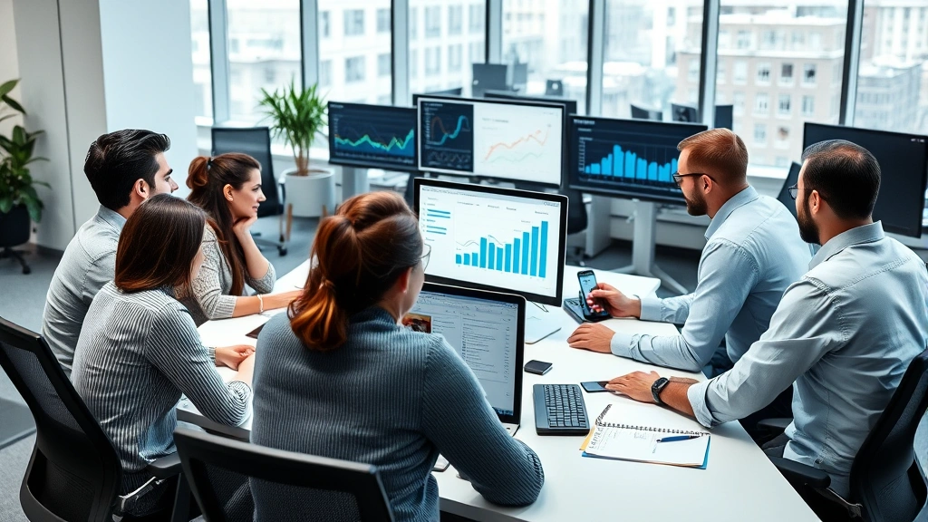 Diverse team of business professionals working collaboratively at clean desk with multiple monitors displaying analytics dashboards, professional office environment with modern furniture, focused engagement and teamwork