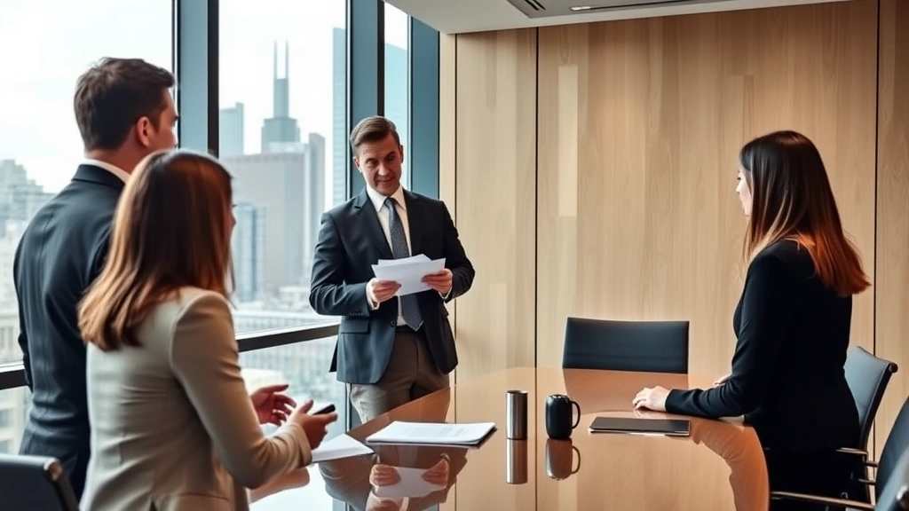 Senior business consultant presenting strategic insights to client executives in upscale corporate boardroom, large windows overlooking city skyline, professional attire, collaborative discussion atmosphere