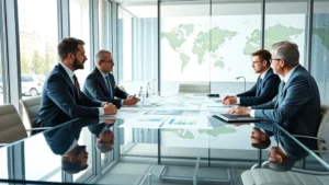 Modern corporate boardroom with executives and stakeholders reviewing automotive industry reports, sophisticated glass conference table, professional business attire, natural lighting through large windows, maps and charts visible