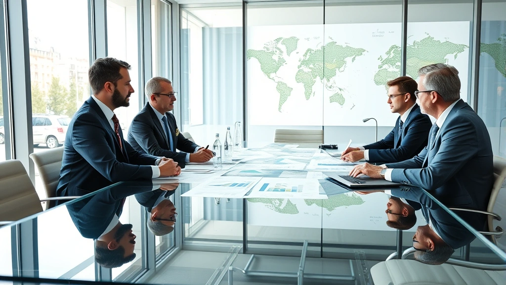 Modern corporate boardroom with executives and stakeholders reviewing automotive industry reports, sophisticated glass conference table, professional business attire, natural lighting through large windows, maps and charts visible