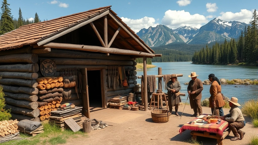Historical fur trading post wooden palisade structure with stacked beaver pelts, trading goods displayed including blankets and tools, Native American and European traders conducting business, Pacific Northwest landscape with river and mountains in background, early 1800s period-accurate commercial scene