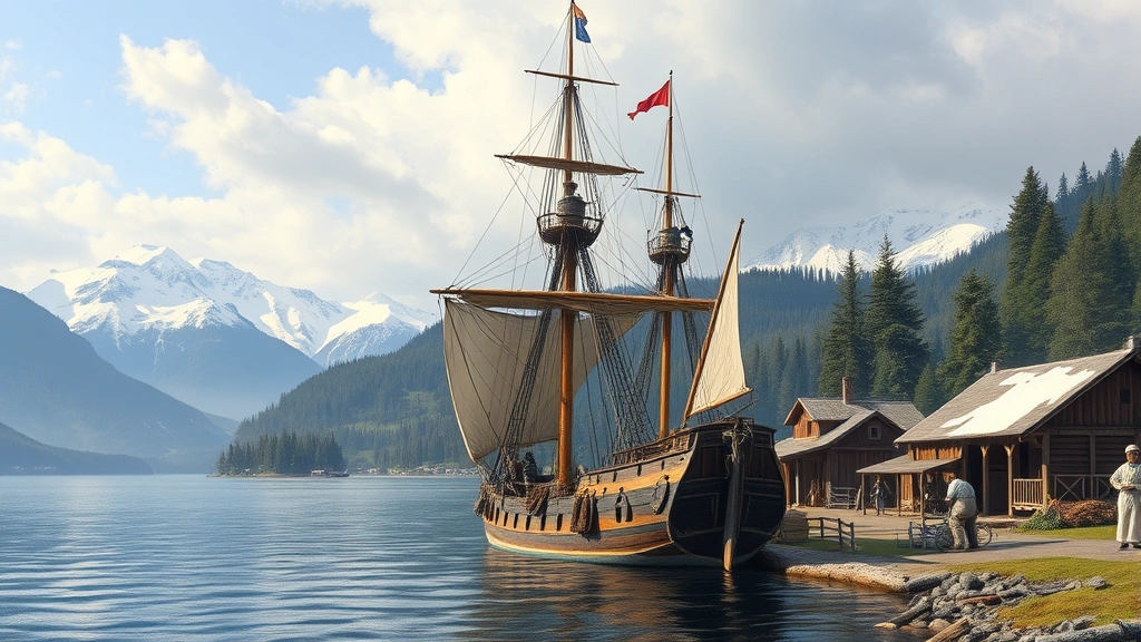 Early 19th century merchant sailing ship anchored at Pacific coast trading post, crew loading cargo of fur pelts into ship holds, wooden warehouse structures on shore, snow-capped mountains and forested landscape, maritime fur trade commerce in progress