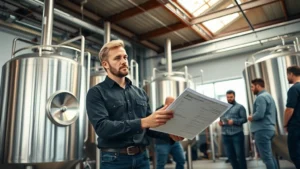 Professional brewery CEO in modern taproom setting, wearing casual business attire, reviewing quality control documentation with production team in background, bright natural lighting, steel fermentation tanks visible