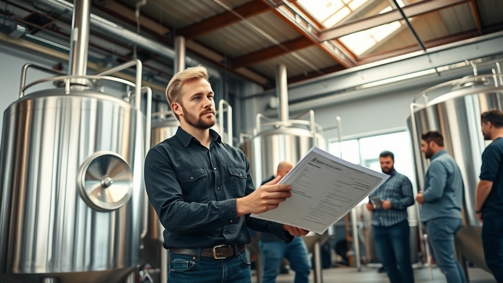 Professional brewery CEO in modern taproom setting, wearing casual business attire, reviewing quality control documentation with production team in background, bright natural lighting, steel fermentation tanks visible