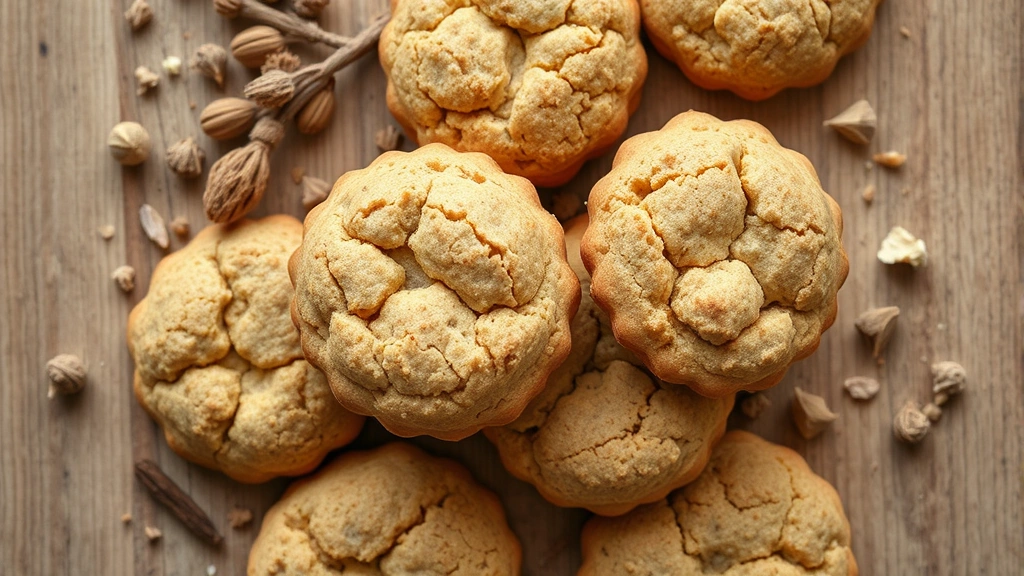 Overhead shot of artisanal biscuits with natural textures and ingredients scattered around, soft natural lighting, wooden surface, professional food photography style, no text or labels visible