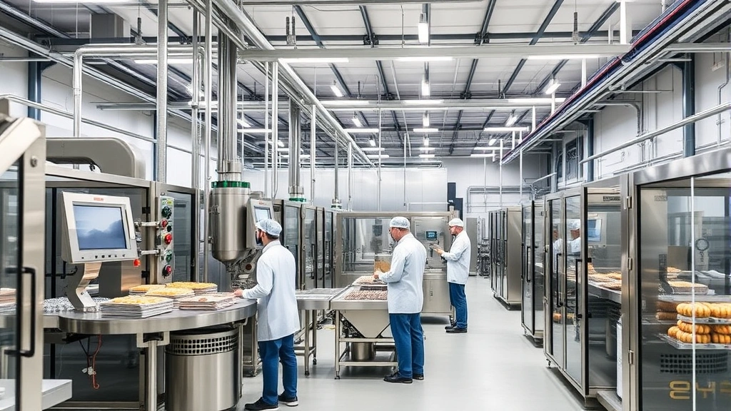 Modern manufacturing facility interior with stainless steel equipment and quality control systems, workers in food-safe uniforms monitoring production, bright industrial lighting, clean professional environment