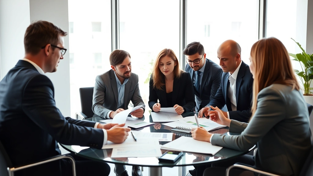 Executive team in contemporary office setting during collaborative meeting, diverse professionals reviewing data and strategy documents, natural window lighting, professional business attire, engaged discussion atmosphere