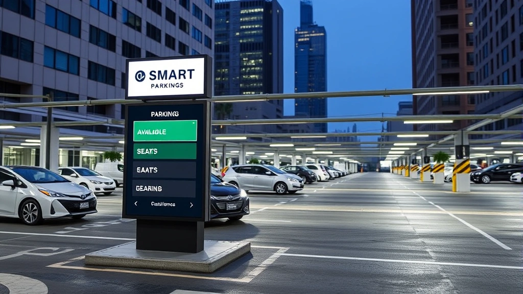 Modern smart parking lot with digital signage showing available spaces in real-time, urban downtown setting with professional lighting and clear visibility of parking infrastructure
