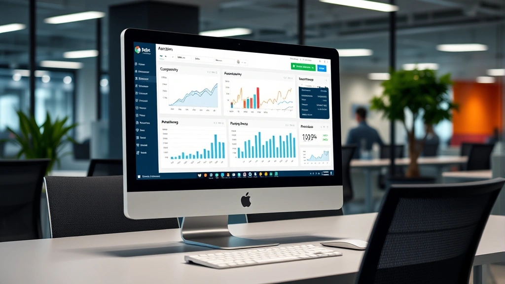 Professional parking management software dashboard displayed on computer monitor showing analytics, occupancy graphs, and revenue metrics in corporate office environment