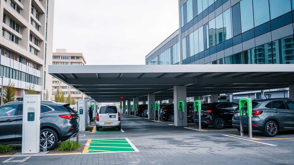 Electric vehicle charging stations integrated into contemporary parking facility, showing modern infrastructure with sleek design and professional urban setting