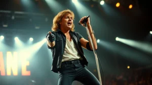 Professional male rock musician performing passionately on stage with microphone stand, intense lighting, large amphitheater background, energetic performance posture, 1970s era aesthetic