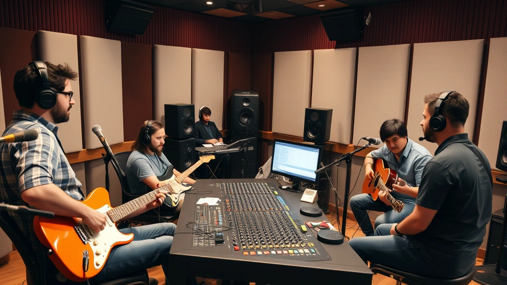 Diverse band members collaborating in professional recording studio, sitting around mixing console with headphones, focused on music production, modern studio equipment visible, collaborative atmosphere